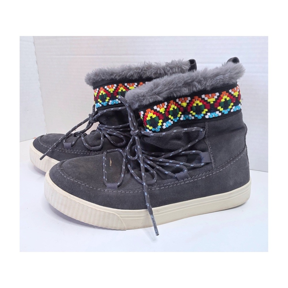 TOMS Alpine Grey Suede Faux Fur Embroidered Lace Up Boots Womens SZ 8.5‎
